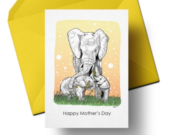 Sunset elephant mothers day card, small card, yellow card, daffodil flowers, line drawing, elephant illustration, gift for mum, A6 card