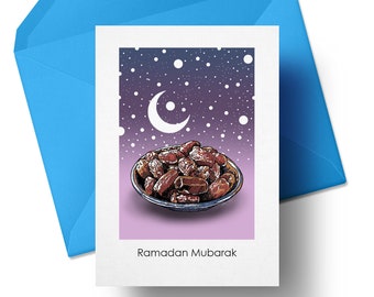 Ramadan Mubarak greeting card, dates illustration, date card, purple card, eid card, muslim gift, fasting month, small card, cute card, A6