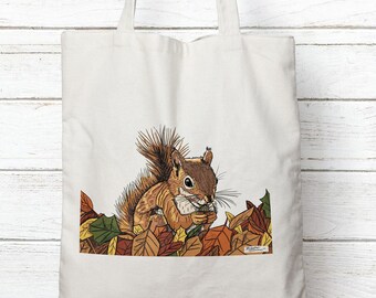 Squirrel tote bag, custom tote bag, Fall | Autumn gift, thanksgiving gift, Squirrel illustration, fabric bag, canvas bag, shopping bag