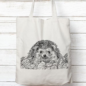 Hedgehog tote bag, custom tote bag, Fall | Autumn gift, thanksgiving gift, Black line drawing, fabric bag, canvas bag, shopping bag