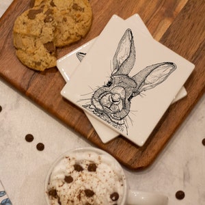 Rabbit coaster, rabbit line drawing, Christmas Hare, bunny illustration, ceramic coaster, square tile, rabbit lover gifts, tableware decor