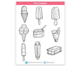 Ice Cream Planner Sticker Sheet, black line drawing, ice cream stickers, journal stickers, laptop decal, summer stickers, food stickers