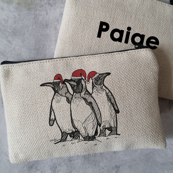 Étui à crayons Penguins de Noël, pochette Penguins, portefeuille Penguins, pochette nom personnalisée, pochette zippée, sac à main, cadeau de Noël, trousse de maquillage,