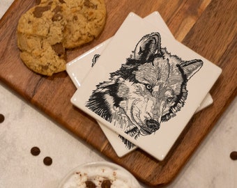 Wolf Ceramic Coaster, wolf illustration, wolf line drawing, ceramic tile, housewarming Christmas gift, coffee lover, majestic animal