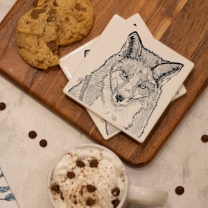 Fox ceramic coaster, Autumn Coaster, fox illustration, fox line drawing, woodland animal, square tile, fox lover gifts, tableware decor