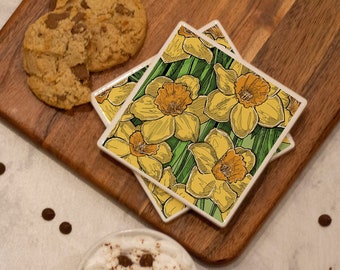 Daffodils floral coaster, yellow flowers, home decor, spring decor, ceramic coaster, heat press, square tile, gift for teachers, tea lover