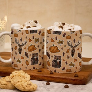 Autumn patterned mug, autumn mug, fall mug, deer owl leaves pumpkin acorn illustration, orange mug, home decor, thanksgiving gift