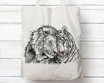 Bolso tote león y tigre, bolso tote personalizado, dibujo lineal, ilustración león, dibujo tigre, bolsa de tela, bolsa de lona, bolsa de compras, bolsa de león