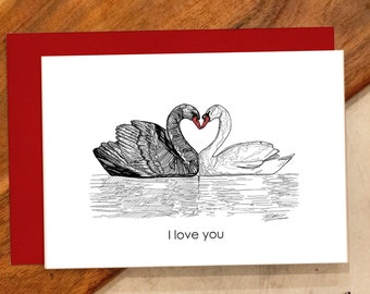 Love swans card, valentine's card, love birds card, swan illustration, Anniversary and Wedding card, Personalized card, A6 greeting card
