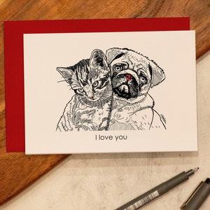 Carte amour chat et chien, carte saint valentin, je t'aime, dessin chat/chien, carte mariage/anniversaire, carte anniversaire personnalisée, carte de voeux A6