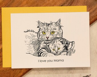Cartão de dia das mães de gato, eu te amo mamãe, cartão personalizado, desenho de linha, cartão de felicitações, mãe de gato, cartão fofo, cartão personalizado A6, cartão de amante de gato