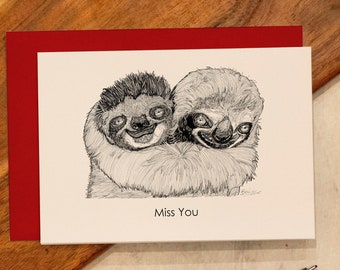 Sloths Card, Valentijnskaart, Miss You Card, Ik hou van je kaart, verjaardagskaart, luiaards tekenen, vriendschapskaart, aangepaste A6 wenskaart