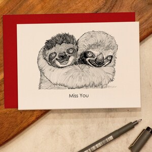 Sloths Card, Valentijnskaart, Miss You Card, Ik hou van je kaart, verjaardagskaart, luiaards tekenen, vriendschapskaart, aangepaste A6 wenskaart