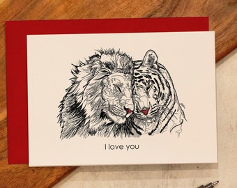 Lion and tiger love card, Valentine's Card, I love you, Greeting card, Anniversary card, Wedding card, lion drawing, tiger drawing, A6