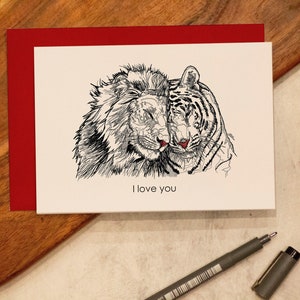 Lion and tiger love card, Valentine's Card, I love you, Greeting card, Anniversary card, Wedding card, lion drawing, tiger drawing, A6