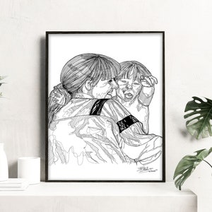 Mothers day portrait, Commission Pen Drawing, black line drawing, Custom drawing, family portrait, gift for mother , couple drawing