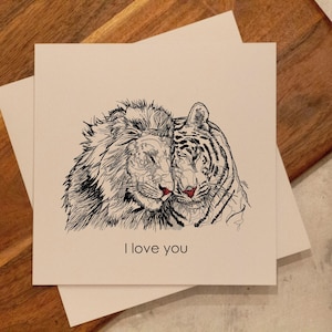 Cartão de amor de leão e tigre, cartão de dia dos namorados, eu te amo, cartão quadrado, cartão de aniversário, cartão de casamento, desenho de leão, desenho de tigre