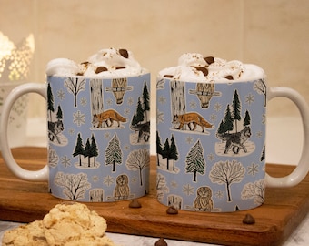 Winter woodland pattern mug, Winter mug, Christmas mug, Woodland animals illustration, Blue mug, home decor, Christmas gift