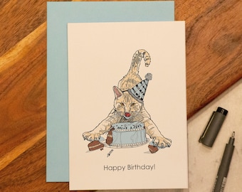 誕生日猫カード、青いケーキカード、カスタムカード、面白いカード、猫のイラスト、猫の線画、パーソナライズされたカード、A6グリーティングカード