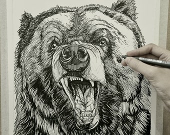 Dibujo original de oso pardo, dibujo de línea negra, ilustración de oso, arte de pared, retrato de oso, decoración de otoño, dibujo de papel A3