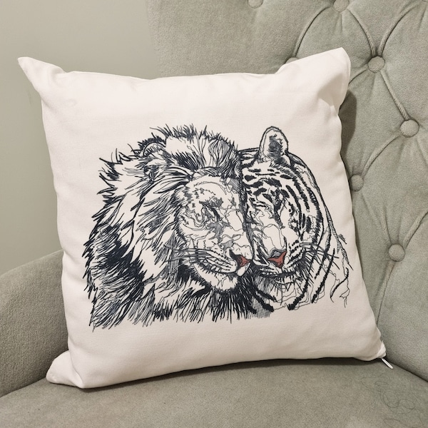 Lion Tiger Cushion, Love cushion, Valentines cushion, cushion gift, black line drawing, lion pillow, tiger throw pillow, anniversary gift