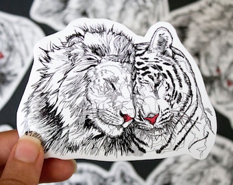Lion and Tiger Love sticker, Laptop Decal, Line drawing sticker, lion sticker, tiger sticker, lion illustration, notebook sticker, wall art
