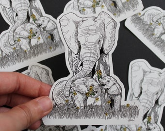 Elephants sticker, mother elephant, baby elephants, laptop decal, bullet journal sticker, elephant illustration, daffodil, handmade sticker