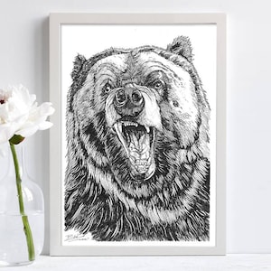 Grizzly Bear Print,  Black Line Drawing, Autumn Print, Woodland Print, Bear Drawing, Bear illustration, gallery wall prints, Wall Art