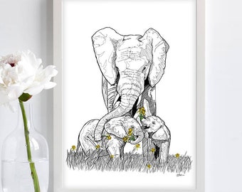 Elephant mother with babies Print, line drawing print, elephant illustration, elephant drawing, yellow daffodils flowers, baby elephant