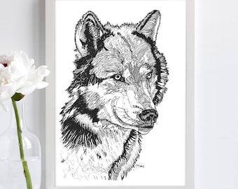 Wolf line drawing print, Black and white print, wolf art, winter decor, wall art, home decor, wolf illustration, Christmas gift, dog drawing