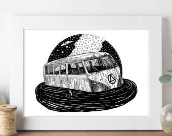 Retro car sinking illustration // car drawing // black and white art // Halloween  print / car line drawing / gift for him / A4 Art print //