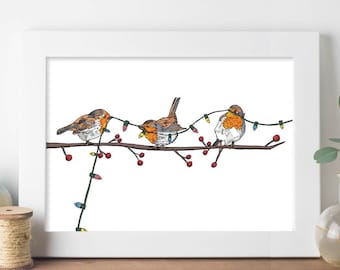 Three Robins Print, Christmas Print, Christmas gift, home decor, Birds drawing, wall art, robins illustration, Christmas lights, illustrated