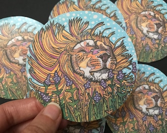 lion in lavender sticker,  lion sticker, handmade sticker, colourful sticker, laptop decal, bullet journal sticker, lion illustration