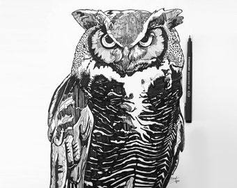 Original Owl Drawing Line Drawing Fine Liners Pen Art -  Denmark