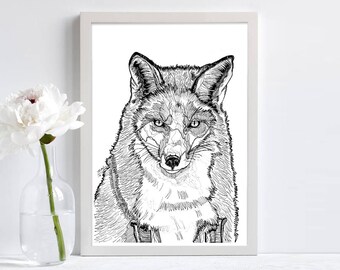 fox line drawing print, black pen drawing, fox illustration, wall art, home decor, home warming gift, minimalist illustration, fox lover