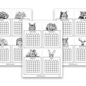 Autocollants de calendrier de planificateur, calendrier non daté, paquet d'autocollants, autocollant de mois, autocollants de planificateur, décalque de cahier, nouvelle année, illustration animale