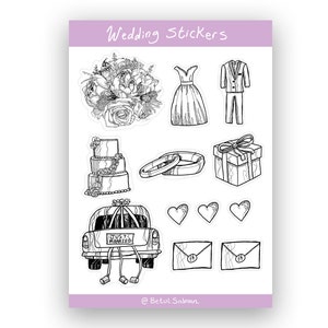Wedding Planner stickers, wedding sticker sheet, BW wedding, journal stickers, notebook decal, A6 sticker sheet, illustrated stickers