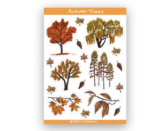 Autumn trees planner stickers, leaves stickers, fall stickers, laptop decal, bullet journal stickers, tree drawing, A6 stickers sheet