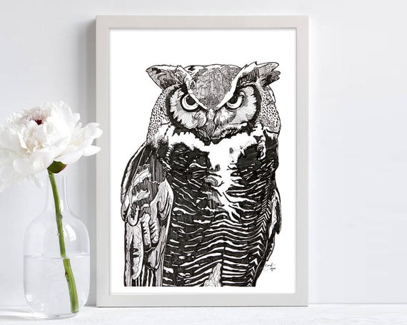 owl line drawing Print, glossy photo paper, fine liner, wall decor, wall art, home decor, gift for bird lovers, owl drawing, black and white