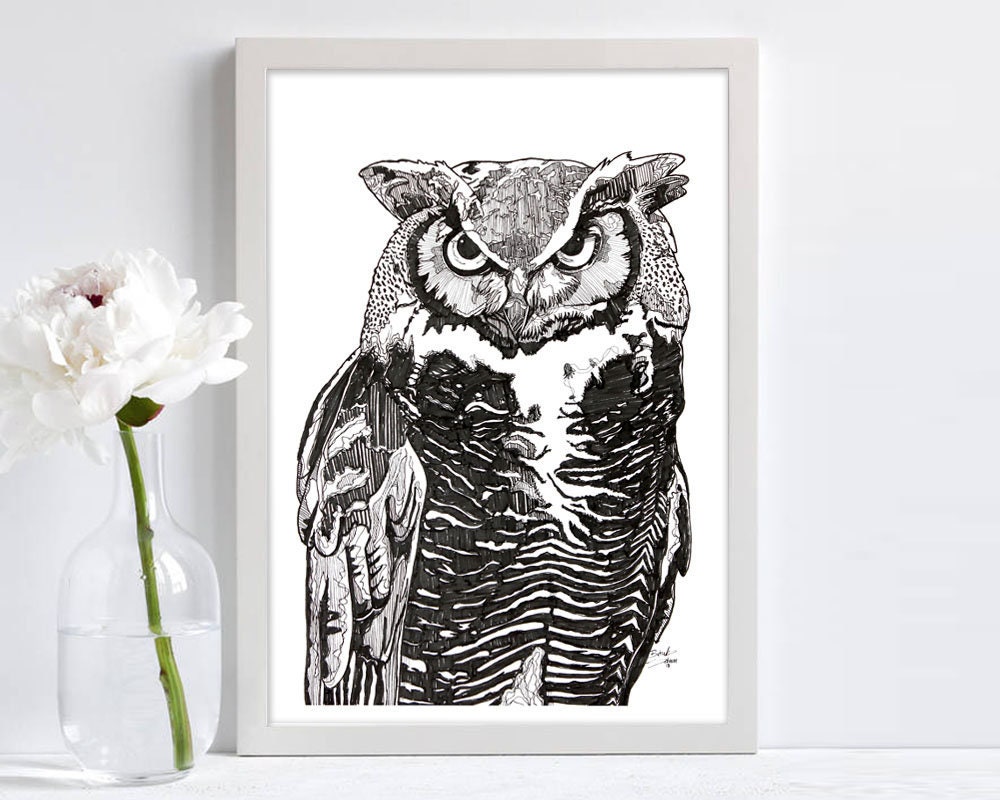 owl line drawing Print, glossy photo paper, fine liner, wall decor, wall art, home decor, gift for b