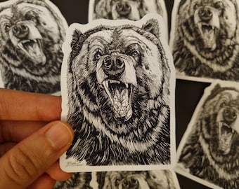 Grizzly bear sticker, bullet journal sticker, line drawing, bear drawing, bear head, laptop decal, notebook sticker, handmade sticker