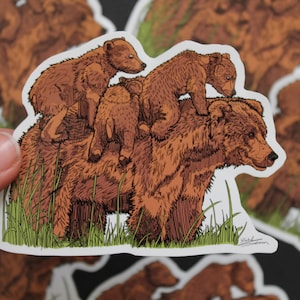 May include: A sticker featuring a brown bear with three cubs riding on its back. The illustration has a detailed, hand-drawn style with green grass at the bottom. The sticker is on a white background.