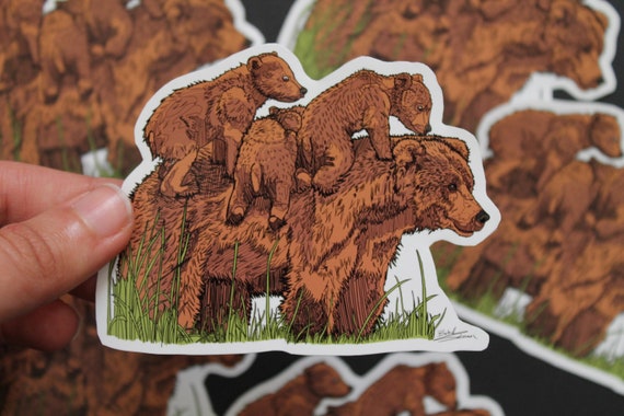 bears sticker, father bear, baby bears, laptop decal, waterproof sticker, bear illustration, line drawing, journal sticker, bear drawing