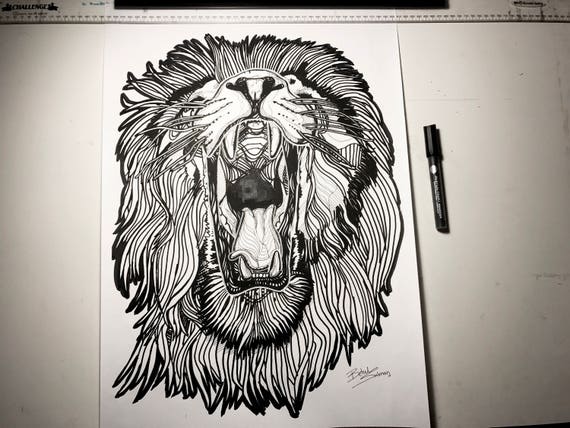 Roaring Lion Line Drawing // Large Hand Drawing // Scary