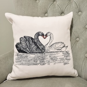 Swans Cushion, Love cushion, Valentines cushion, cushion gift, black line drawing, swans pillow, birds throw pillow, anniversary gift