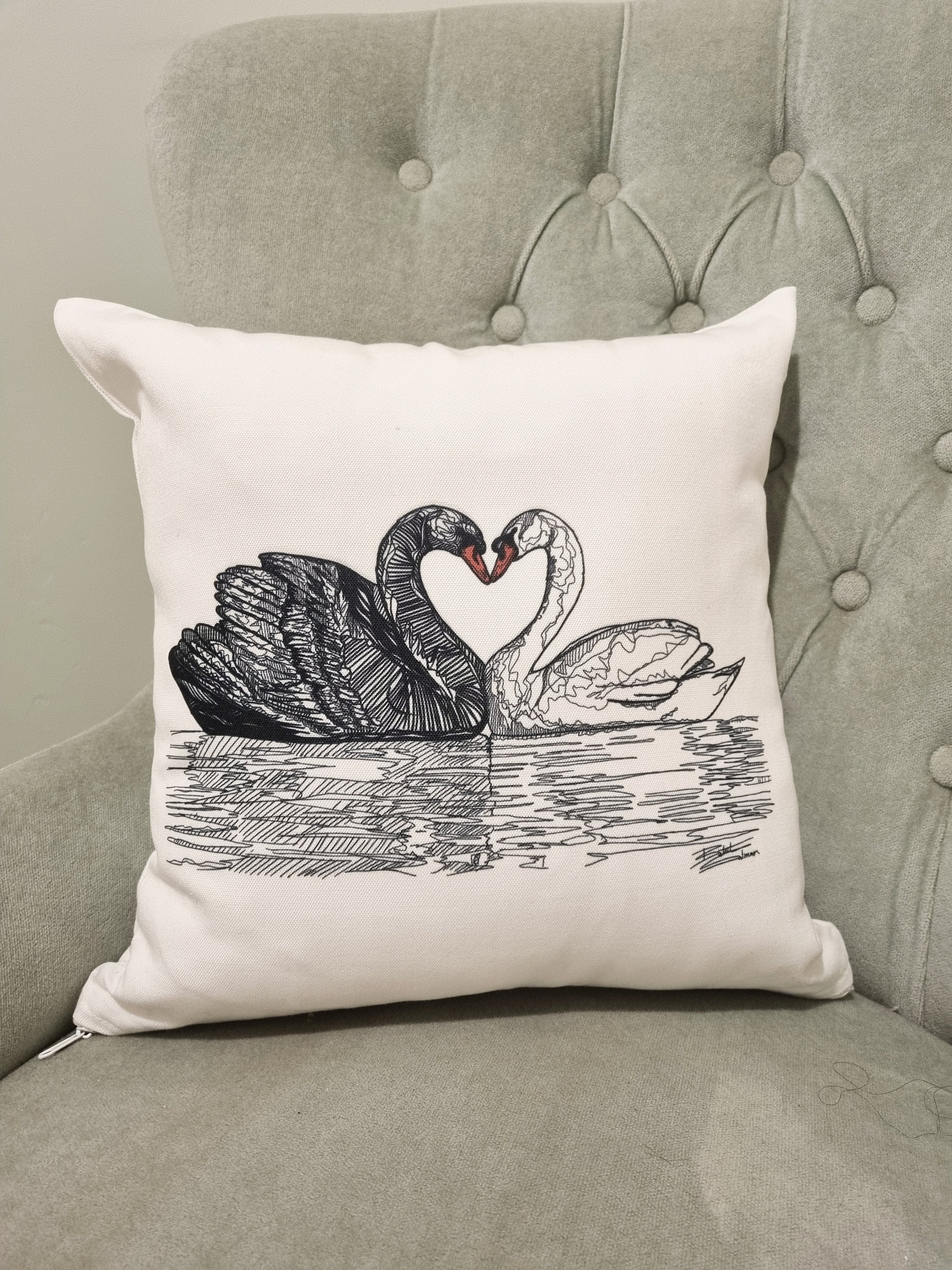 Swans Cushion, Love cushion, Valentines cushion, cushion gift, black line  drawing, swans pillow, birds throw pillow, anniversary gift, image size:2250x3000