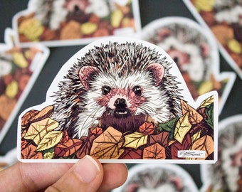 Hedgehog sticker, autumn sticker, fall sticker, leaves sticker, laptop decal, planner sticker, hedgehog drawing, wall art, wall sticker