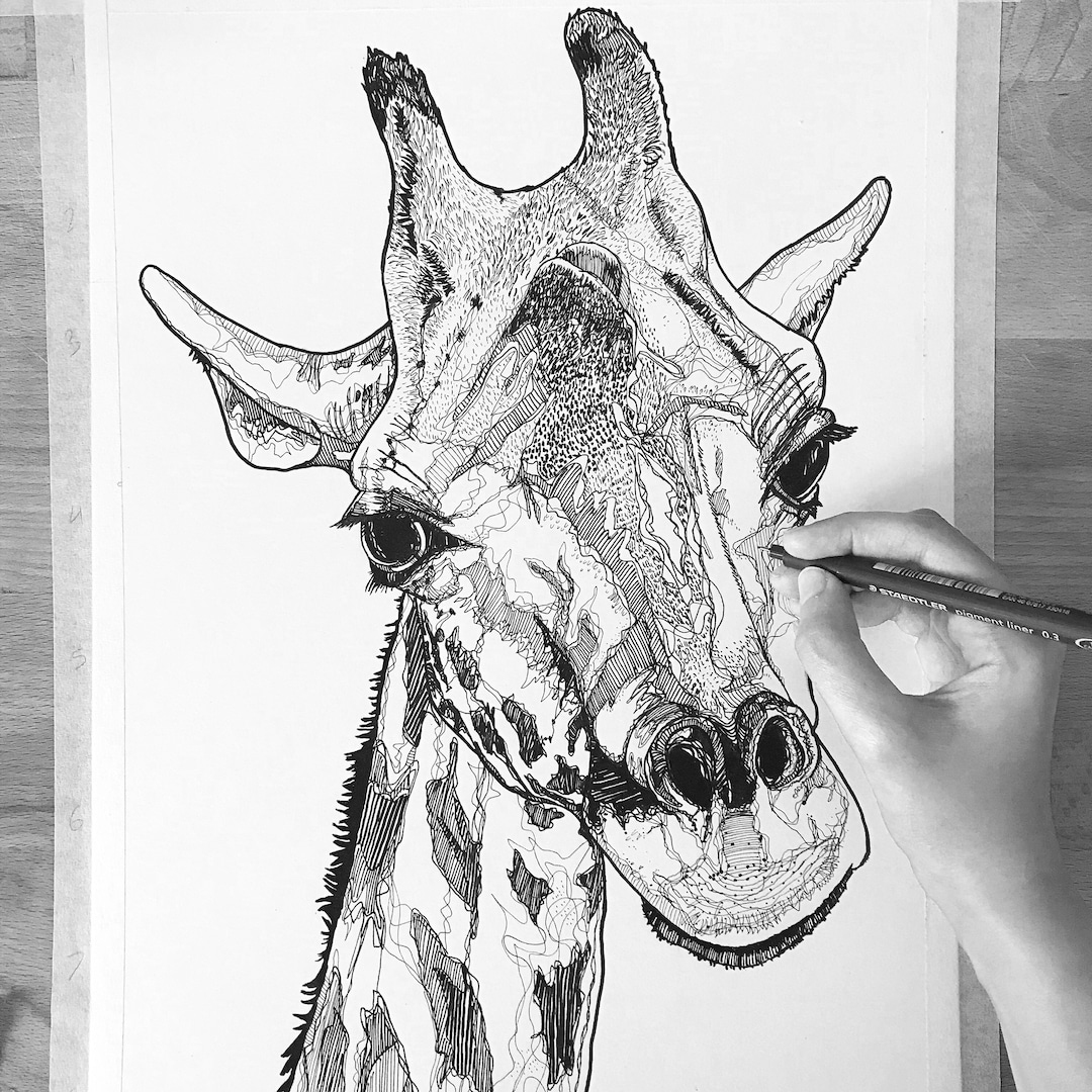 オリジナルのキリンの絵、線画、オリジナルの絵、ペン画、壁