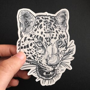 May include: A black and white line drawing of a leopard's face with a detailed depiction of its fur and whiskers.