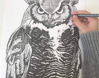 Original Owl Drawing Line Drawing Fine Liners Pen Art -  Denmark